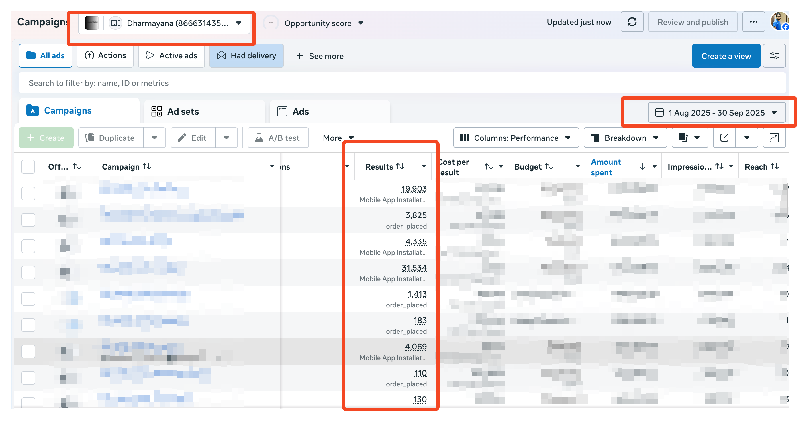 Meta Ads Manager: Dharmayana CPO campaigns Aug to Sep 2025 with order_placed events